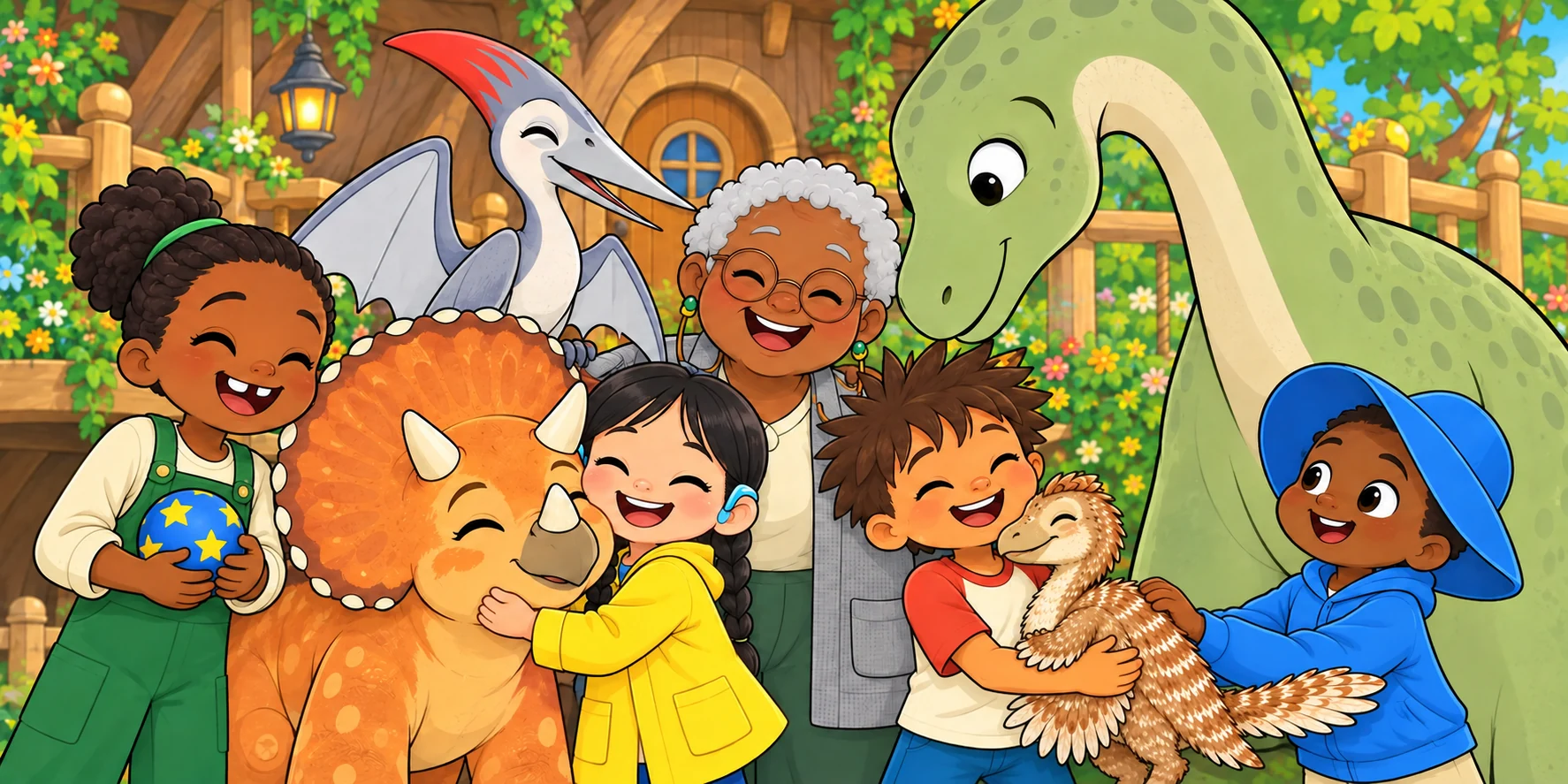 The nine Roostlings gather closely together, with Hana hugging Pebble and Dax beside Waffle.