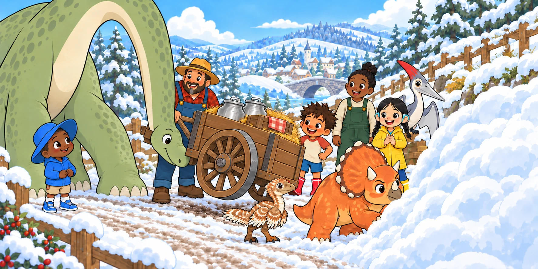 Hmmmm.
Down came the neck. "That's a yes!" Maple got his nose under the cart. Up came the wheel. Illustration for story page 19.