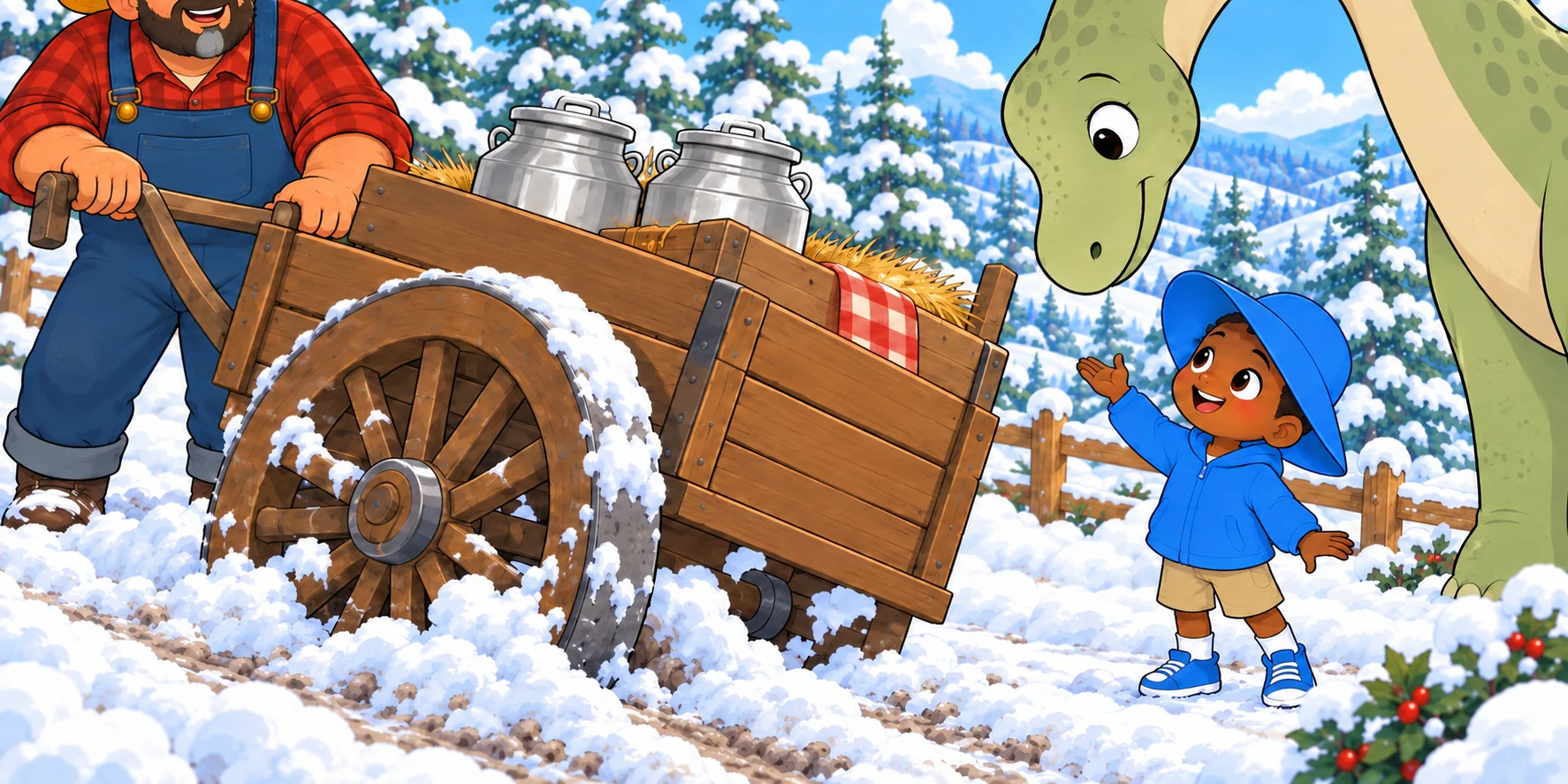 The Farmer pulled, and the cart rolled. Then a wheel dropped into a soft place. Obi looked at the wheel. "Maple, will you lift?" Illustration for story page 18.
