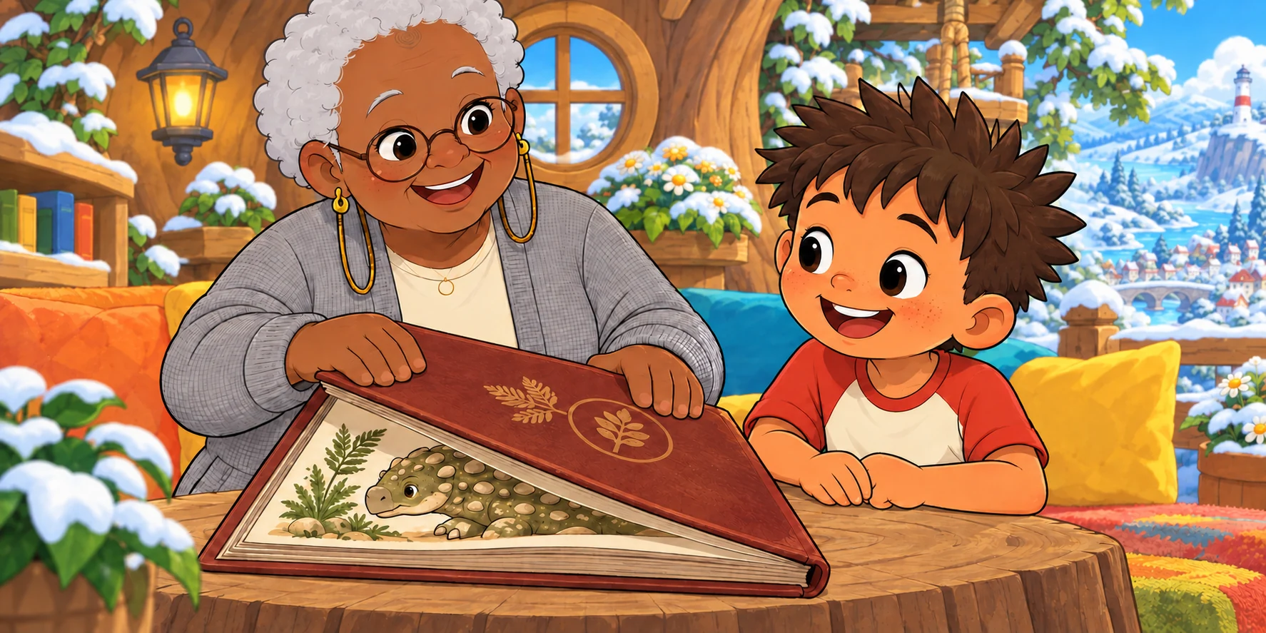 "Three," said Dax. "She eats plants with a beak. Her teeth are tiny, like little leaves." Fig shut the book. "Written down. People found the bones, and looked, and looked." Illustration for story page 30.