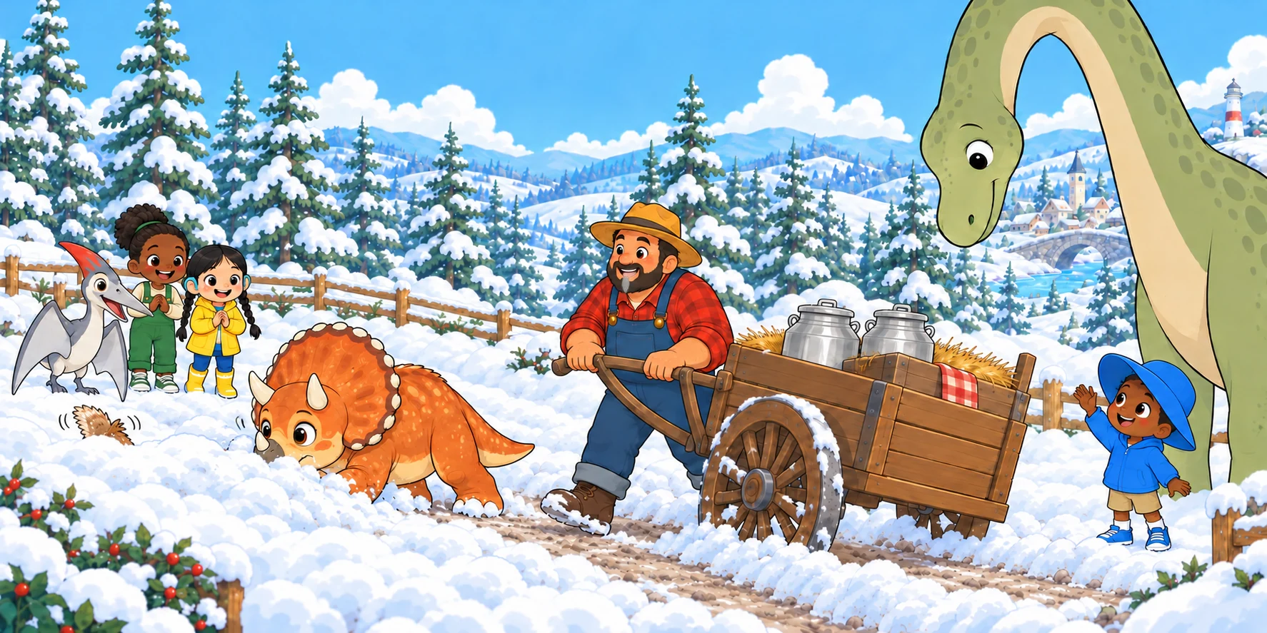 The snow wobbled where Waffle went. Pebble pushed along the wobble. Behind her was a path. Illustration for story page 17.