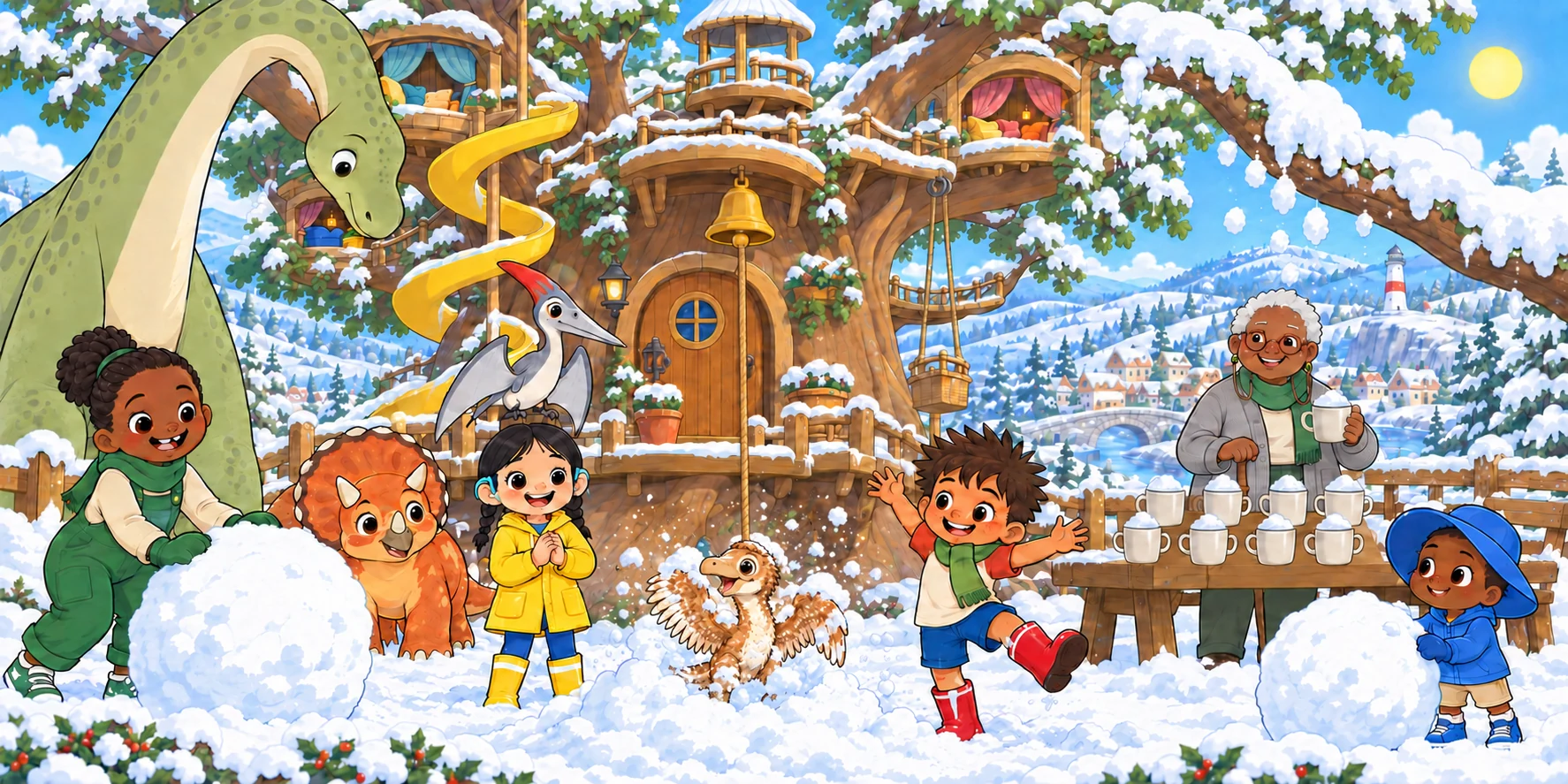 First snow at the Roost. Ivy rolled a snowball as big as Waffle. Obi rolled one as big as Obi. Dax jumped in. Waffle jumped in and did not come out. "Waffle?" said Dax. Chirrup! Out she came, white. Illustration for story page 1.