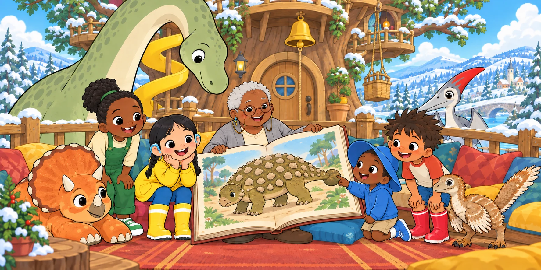 "Big Book, open." Fig found the page with the armor. "Three true things about the Ankylosaurus." Illustration for story page 27.
