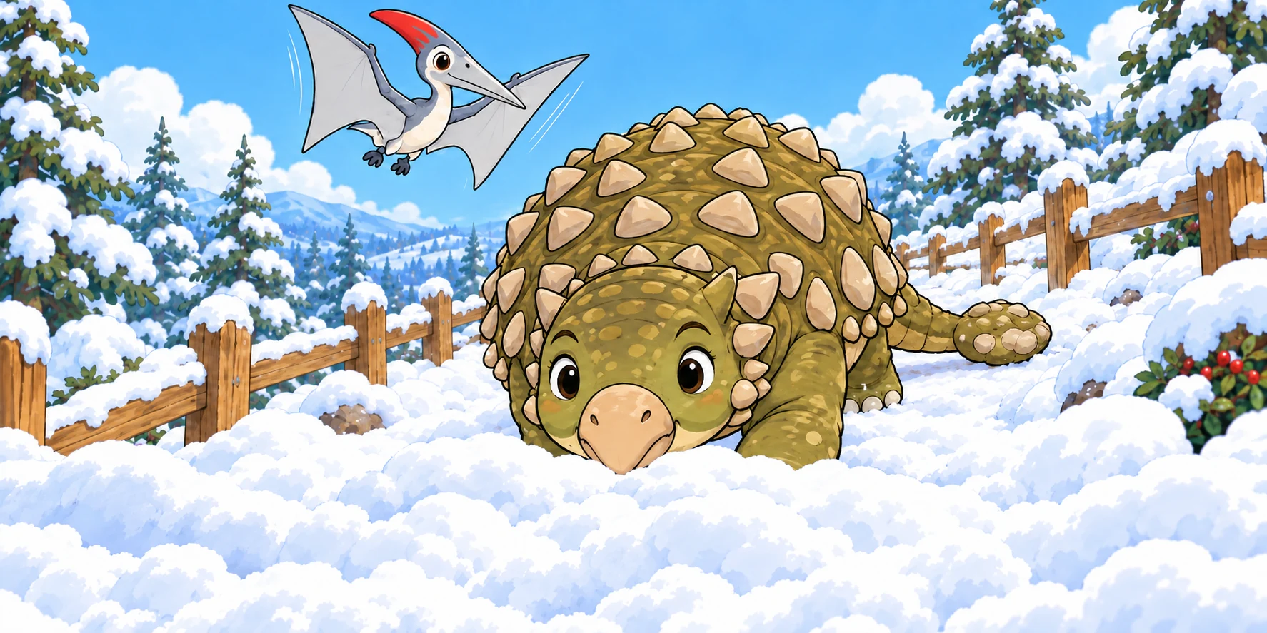 Kite went up. He bobbed at the top of the Hill. Down the Hill came a big one, nose first. Low and wide, eyes on the road. She kept her tail still, behind her. Illustration for story page 22.