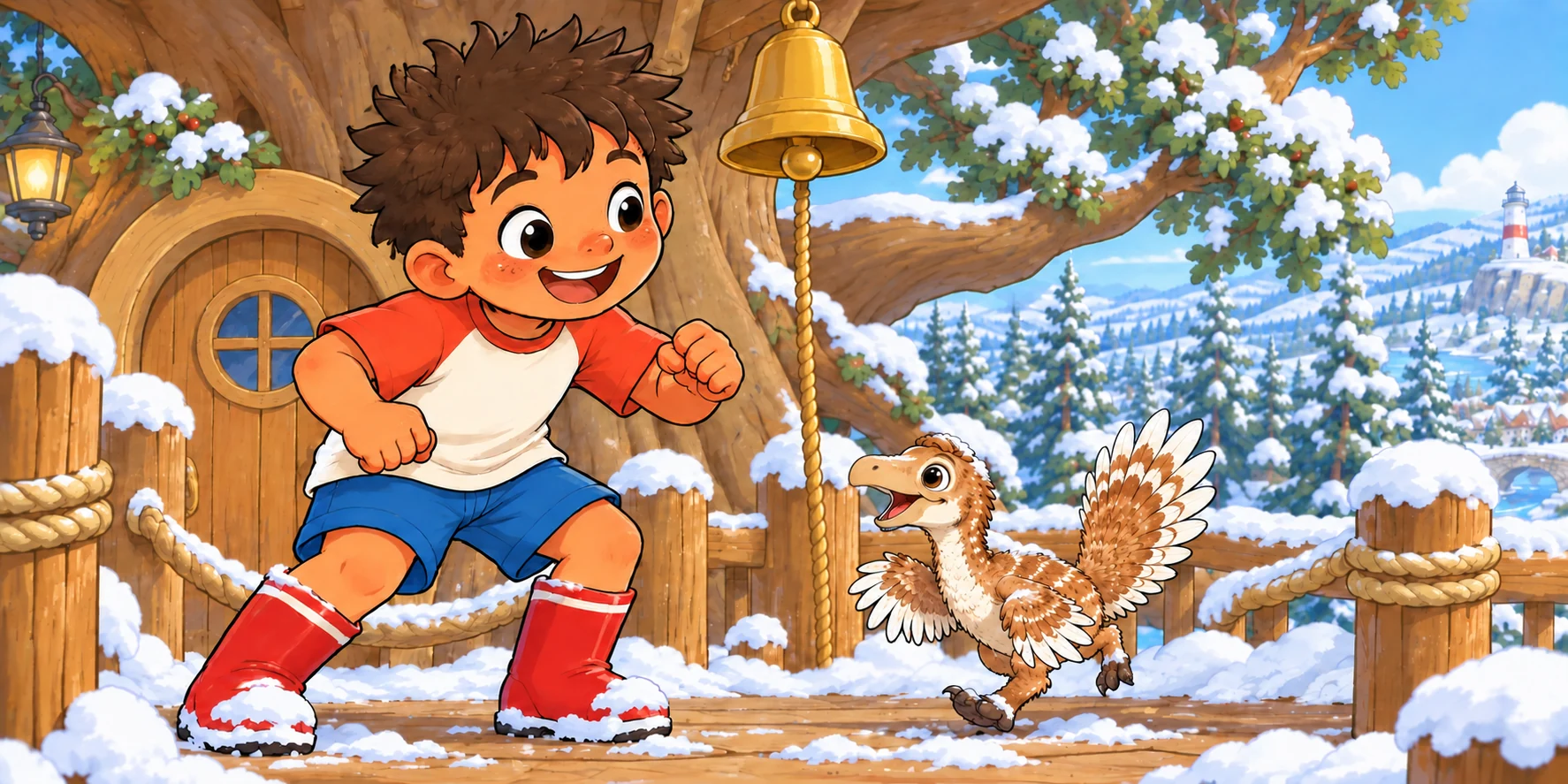 "Dax and Waffle, run and find!"
Chirrup!
"Obi and Maple, reach and lift!"
Hmmmm.
"Little ones. Big help!" Illustration for story page 6.