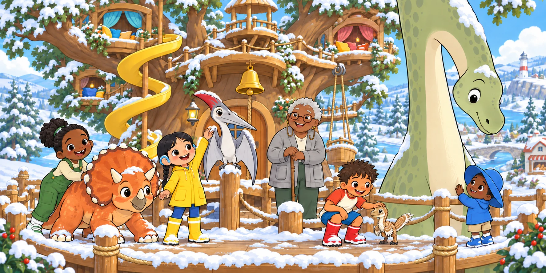 Up to the Bell, all eight, snow on their boots, snow on their claws. Everybody sang.
"Ivy and Pebble, push and pull!"
Hrrmph!
"Hana and Kite, see and fetch!"
Tik-tik! Illustration for story page 5.