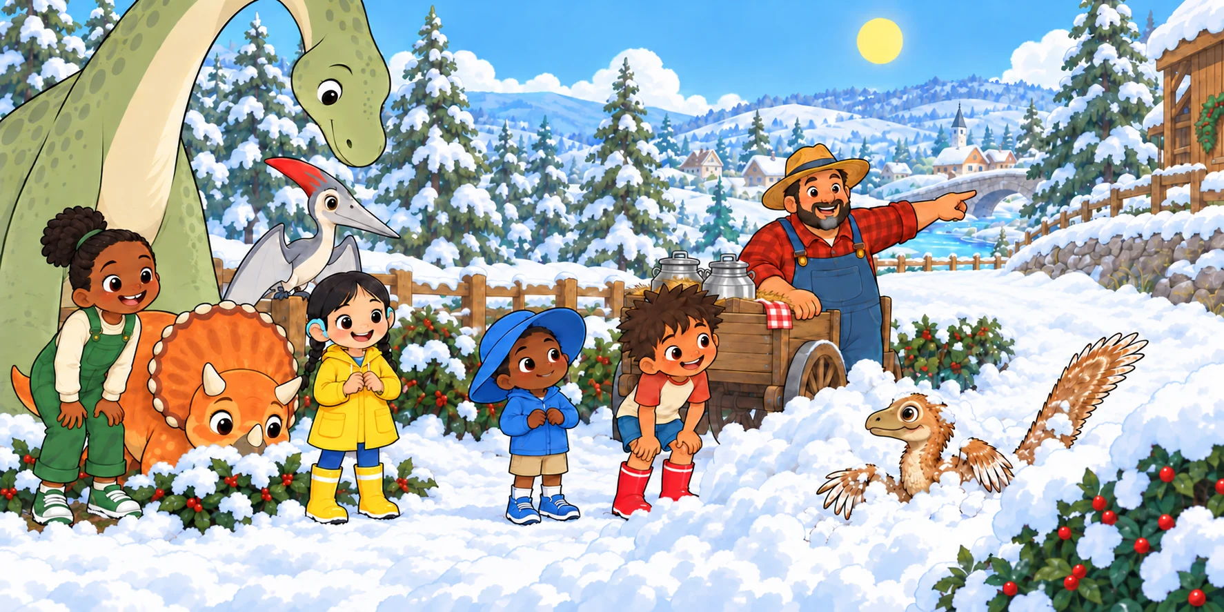 The snow in front of Pebble got bigger. Then Pebble stopped, in the hedge. "Wrong way," said the Farmer. "The road bends there." "It's under there," said Dax. "That's a Waffle thing." Illustration for story page 15.