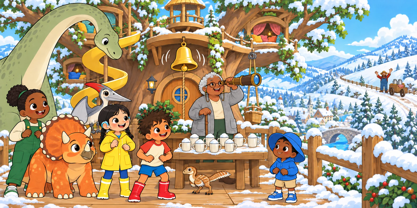 Ding-dong-DING! The Bell shook. The branch shook. More snow, into the cups. Fig had the big glass on the Hill. Illustration for story page 3.