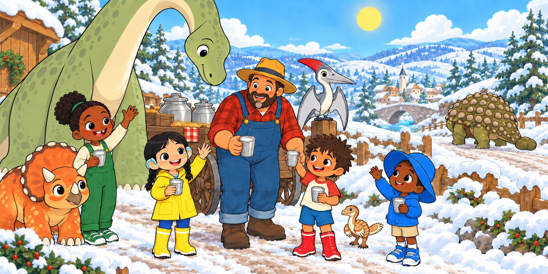 "Well, now," said the Farmer. "Thank you. Have some milk." The big one went on down the road, home. Four kids waved. "Ring the Bell, and we'll come." Illustration for story page 25.