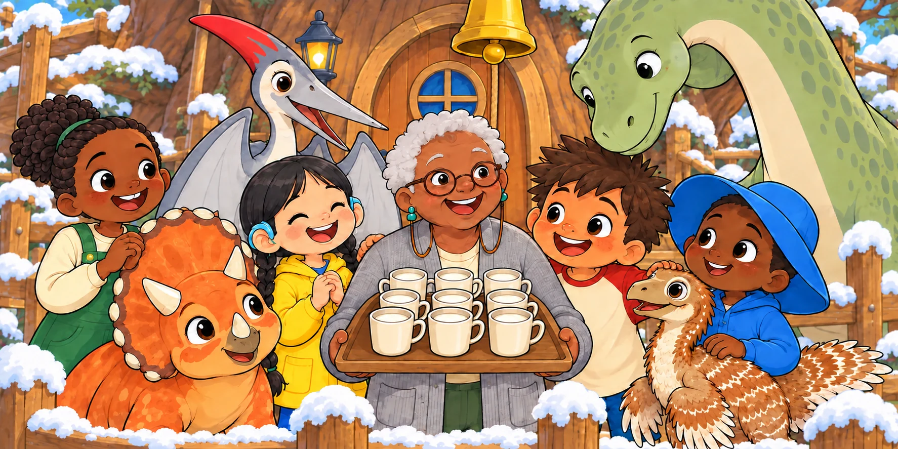 "Ivy and Pebble, home. Hana and Kite, home. Dax and Waffle, home. Obi and Maple, home. And Fig makes nine. All home." Illustration for story page 32.