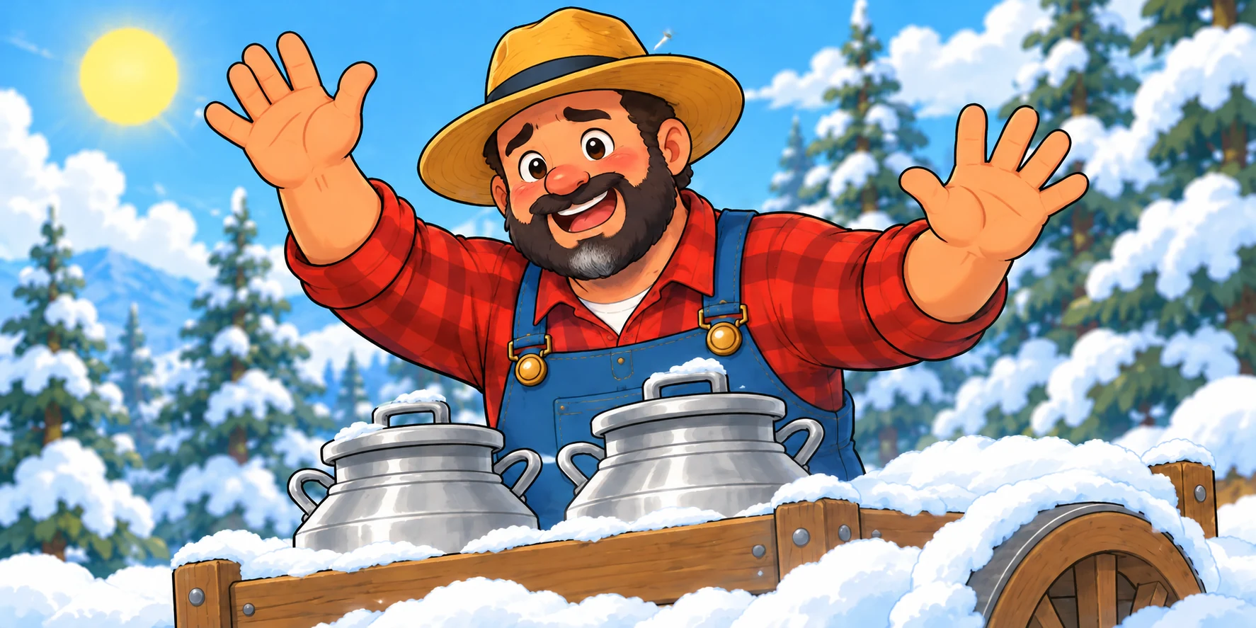 "Roostlings! The Bell!" called Fig. "Up and out!" called four kids. "Snow's on the Hill road. The milk-cart can't get down," said Fig. Far off, the Farmer waved both arms. Illustration for story page 4.