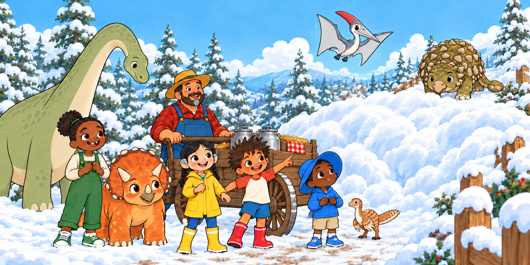 "All home," said Dax. He pointed at the milk-cart. "That's not home yet." Hana looked up. "Kite, will you see?"
Tik-tik!
He bobbed his head. "That's a yes!" Illustration for story page 21.