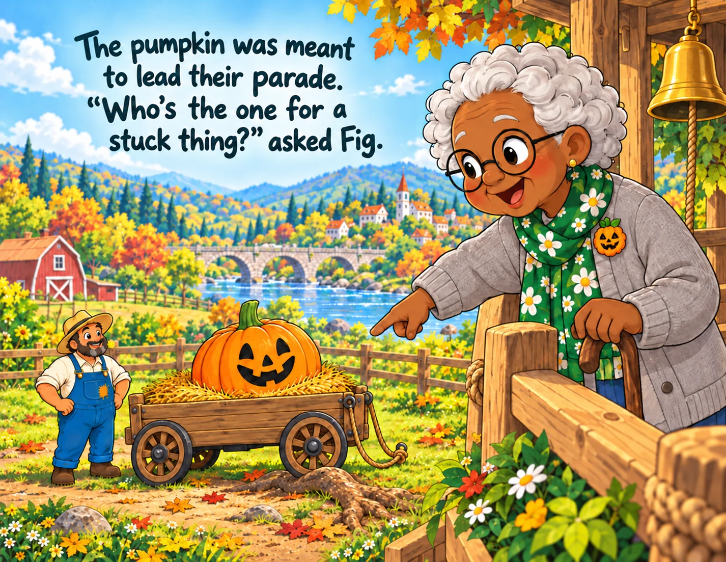 Fig points down from the Roost toward the stuck pumpkin cart.