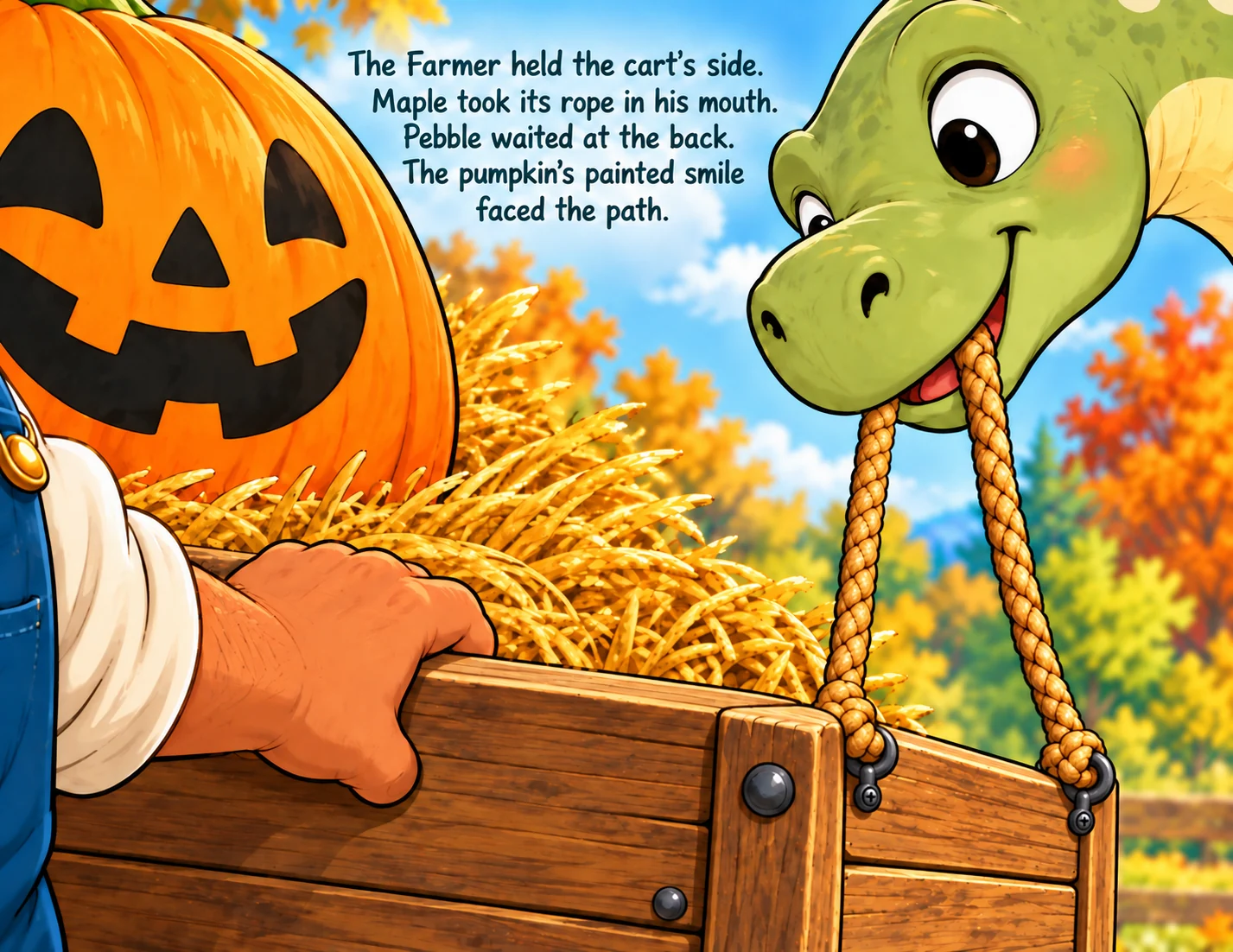 A close view shows Maple holding the front rope in his mouth and the Farmer's hand steadying the cart rail.