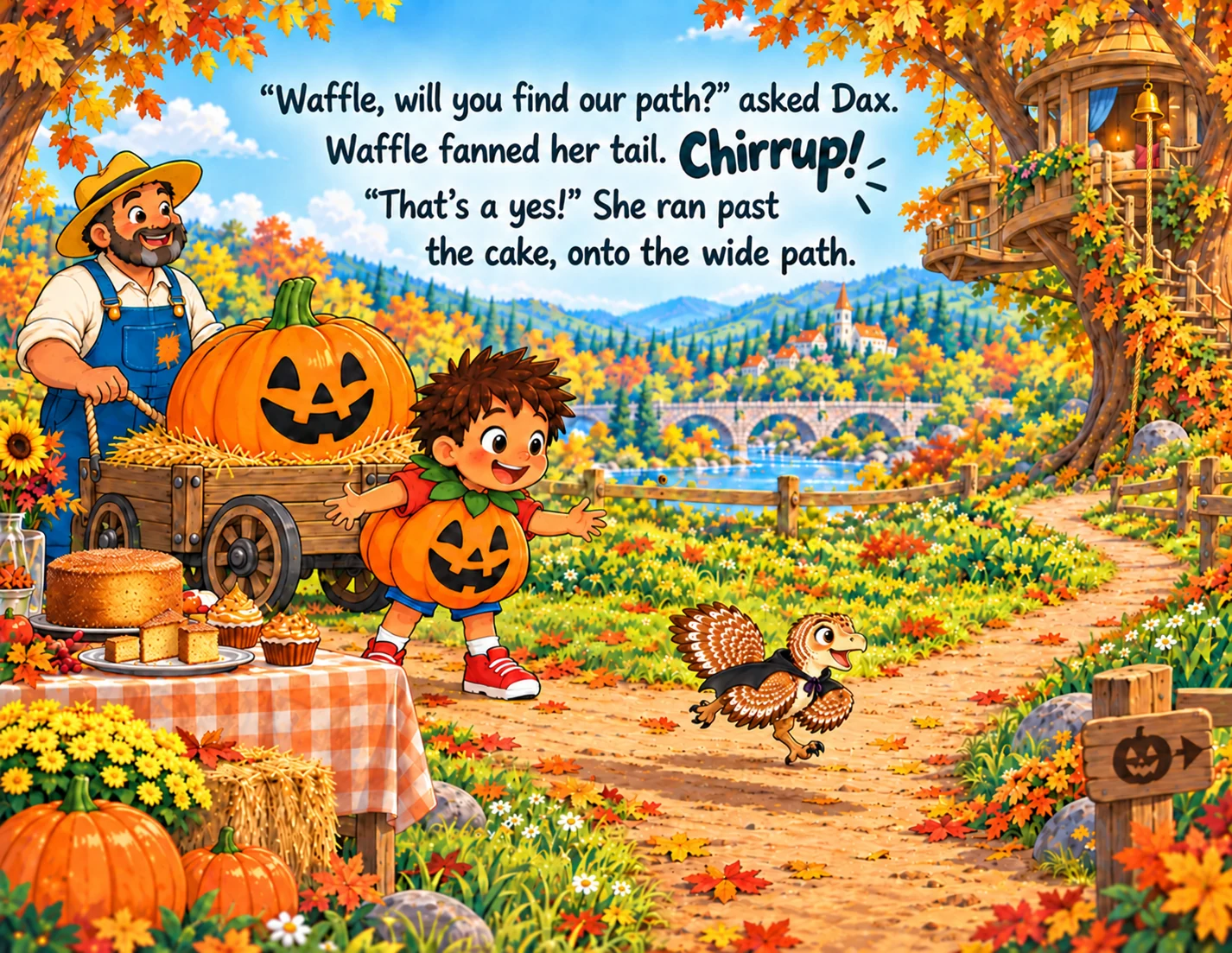 Waffle runs past the cake to find a wide path for the pumpkin parade.