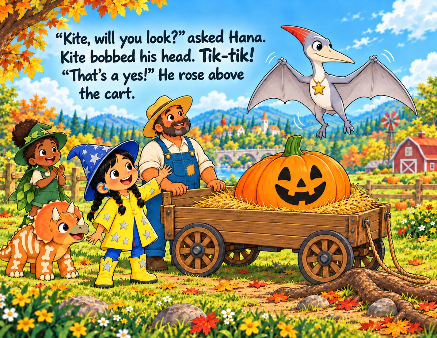 Hana asks Kite to look; Kite rises above the pumpkin cart.