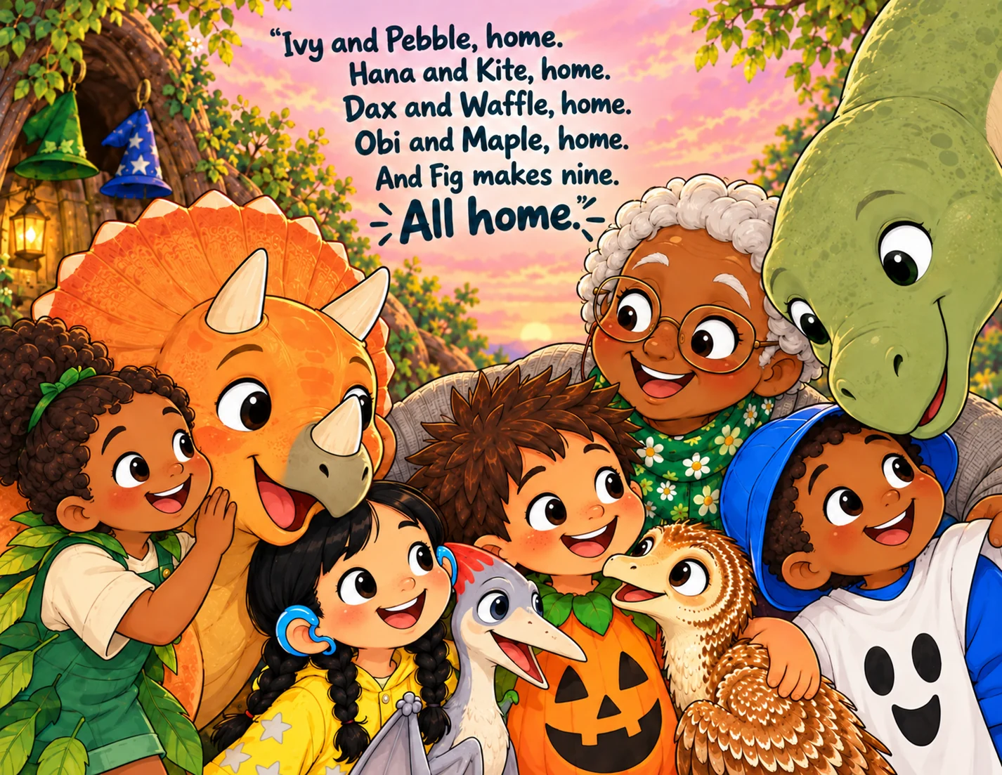 Nine familiar faces gather closely at home: four child-and-dinosaur pairs and Fig.