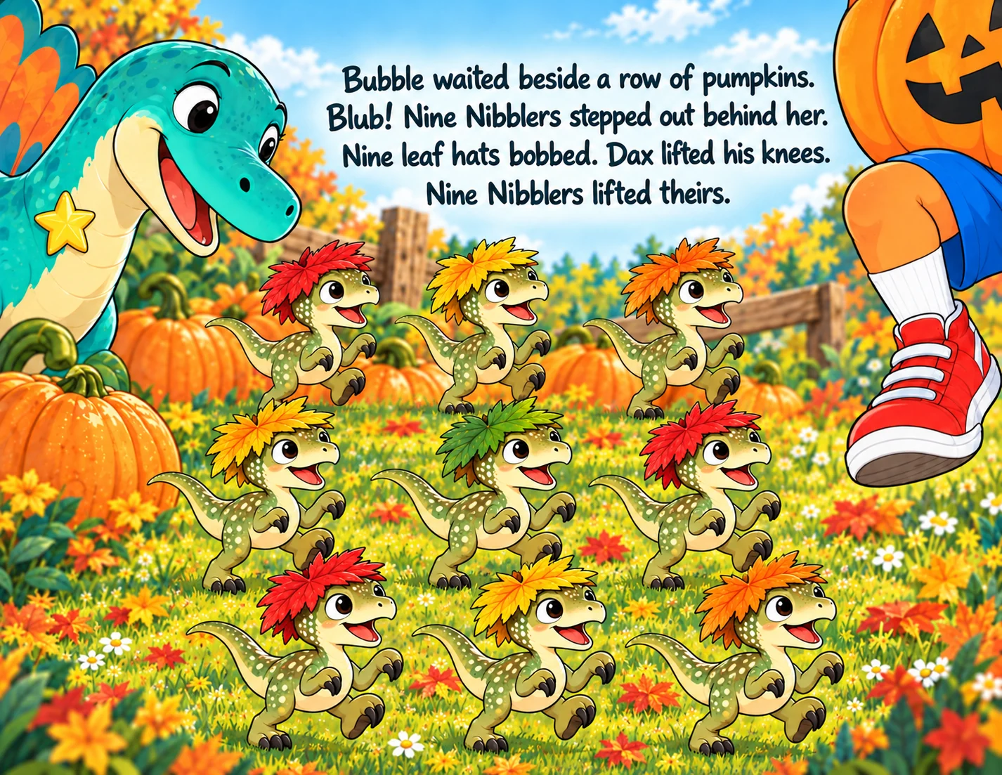 Nine leaf-hatted Nibblers fill three clear rows beside Bubble's face and Dax's raised marching knee.