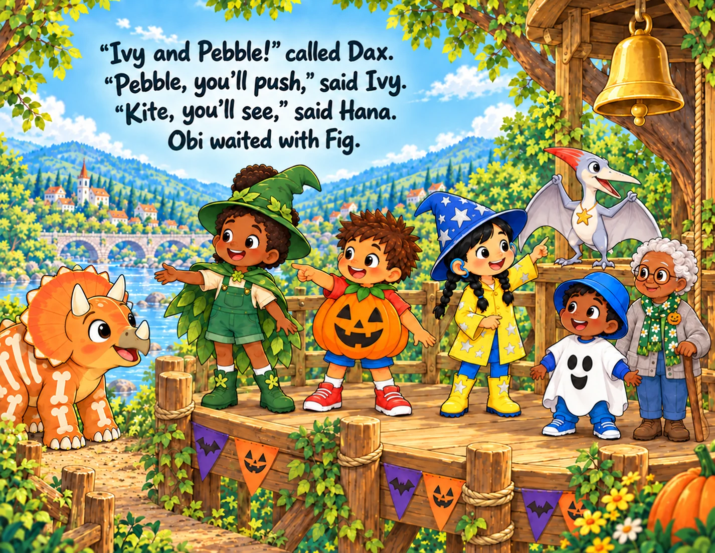 Dax names Ivy and Pebble; Hana calls Kite while Obi waits beside Fig.