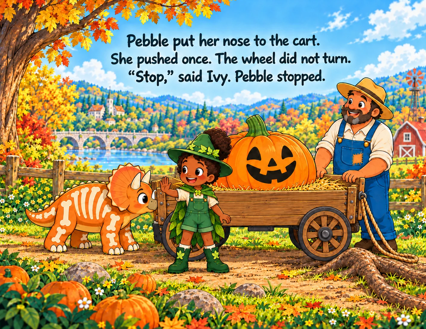 Pebble presses her nose to the back of the cart; Ivy signals stop.