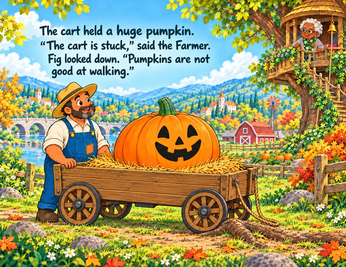 A huge smiling pumpkin waits in a wooden cart caught at a root below the Roost.