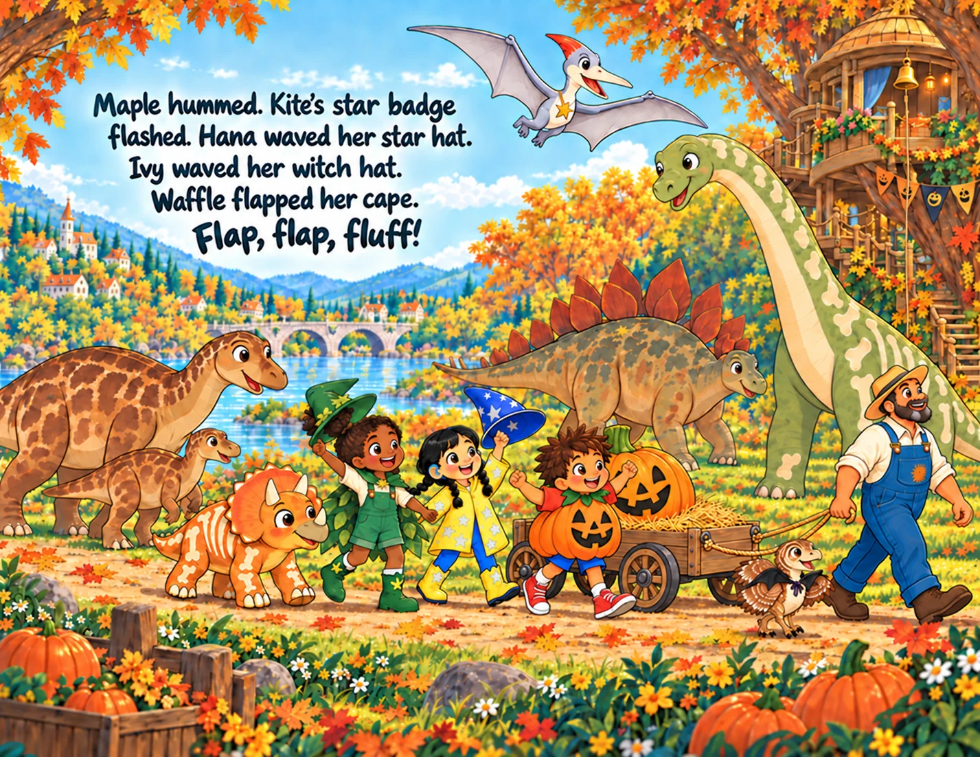Maple hums, Kite's star flashes, the children wave their hats and Waffle flaps her cape.