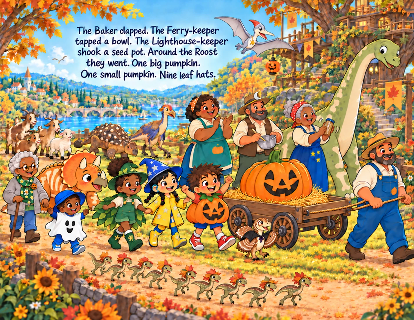 The Baker and the keepers make gentle parade sounds as the friends pass.