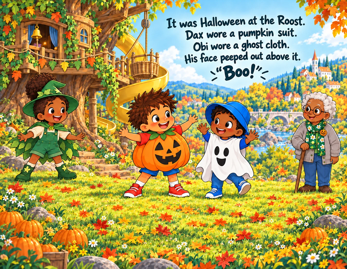 Dax wears a pumpkin suit and Obi wears a little open-faced ghost costume at the Roost.