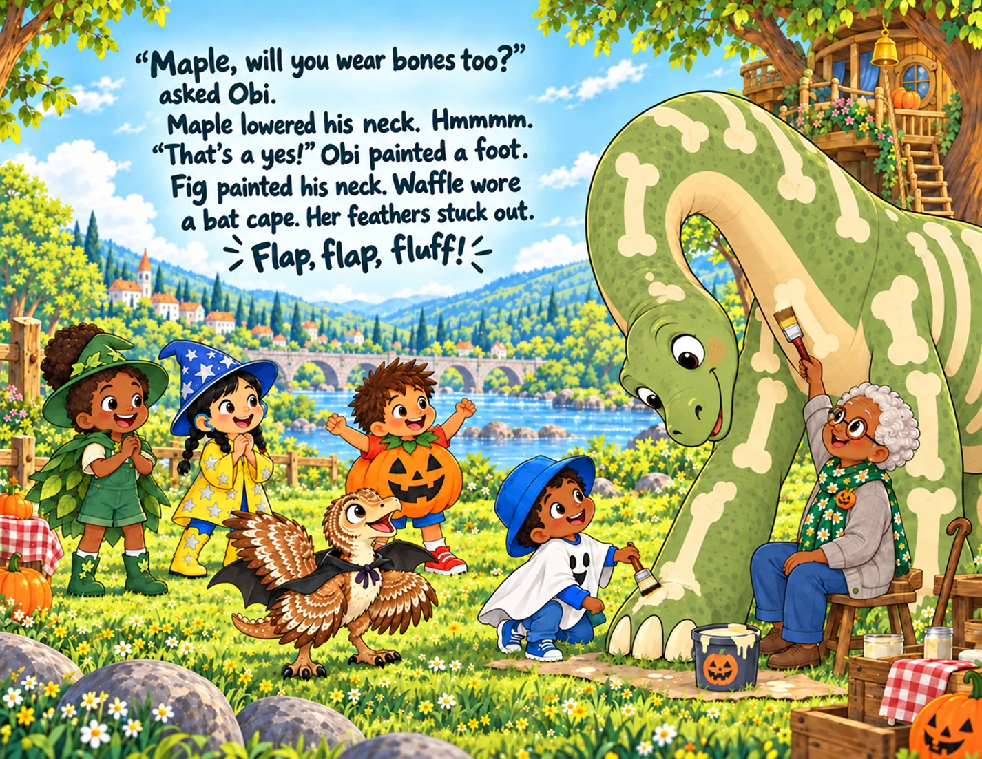 Obi paints Maple's foot while Fig paints his lowered neck; Waffle tries her bat cape.