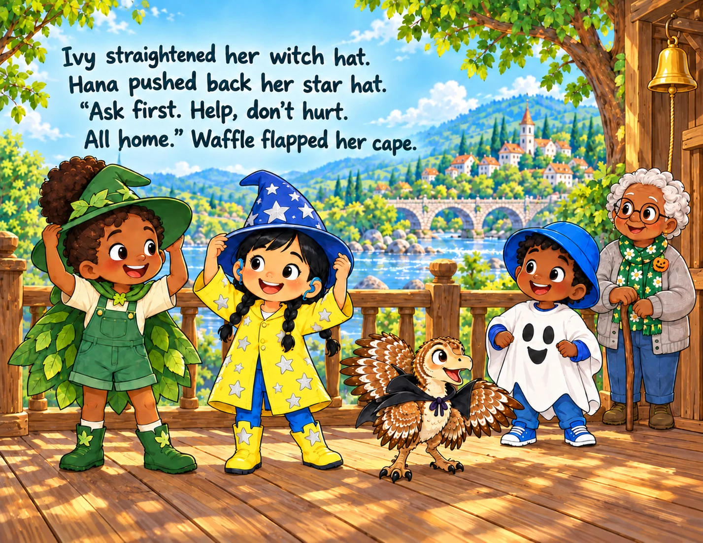Ivy and Hana adjust their hats while Waffle flaps her little cape.