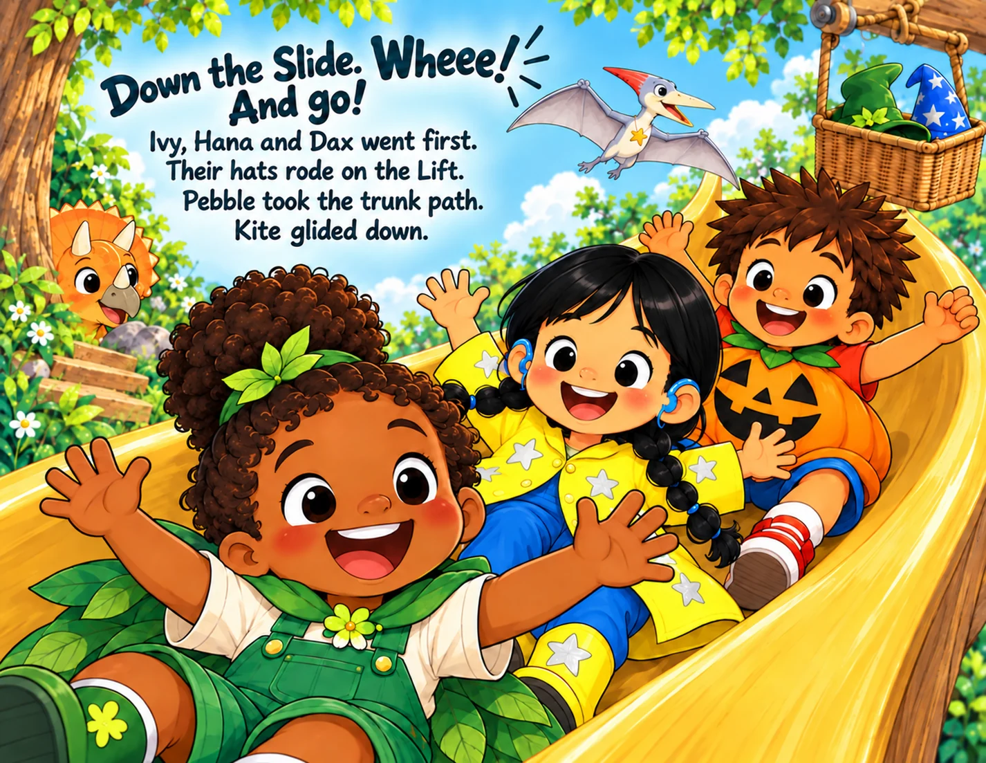 Three smiling children fill the curving Slide while their pointed hats ride down in the Lift.
