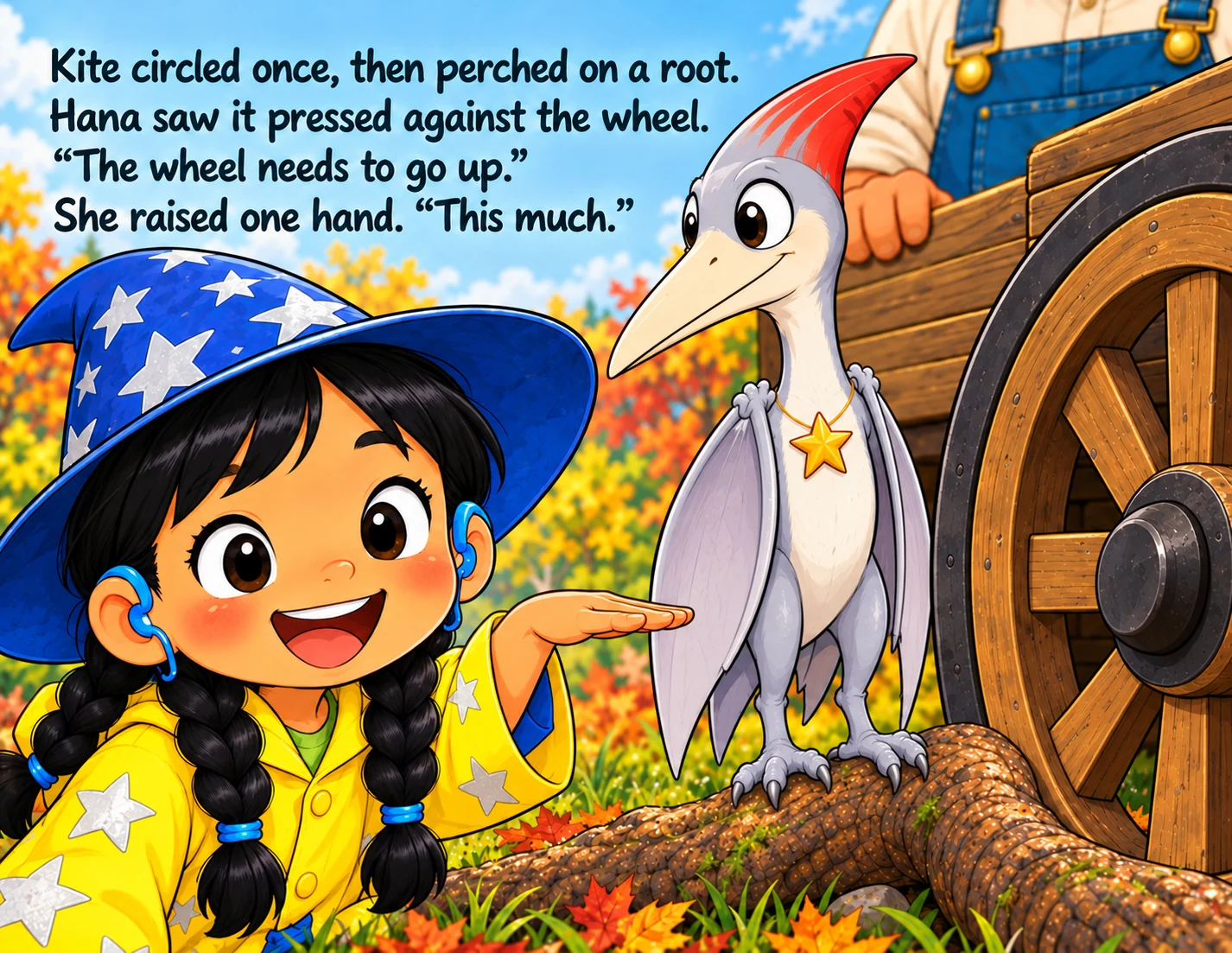 Hana's small hand gesture fills the foreground beside Kite, the wheel and the blocking root.