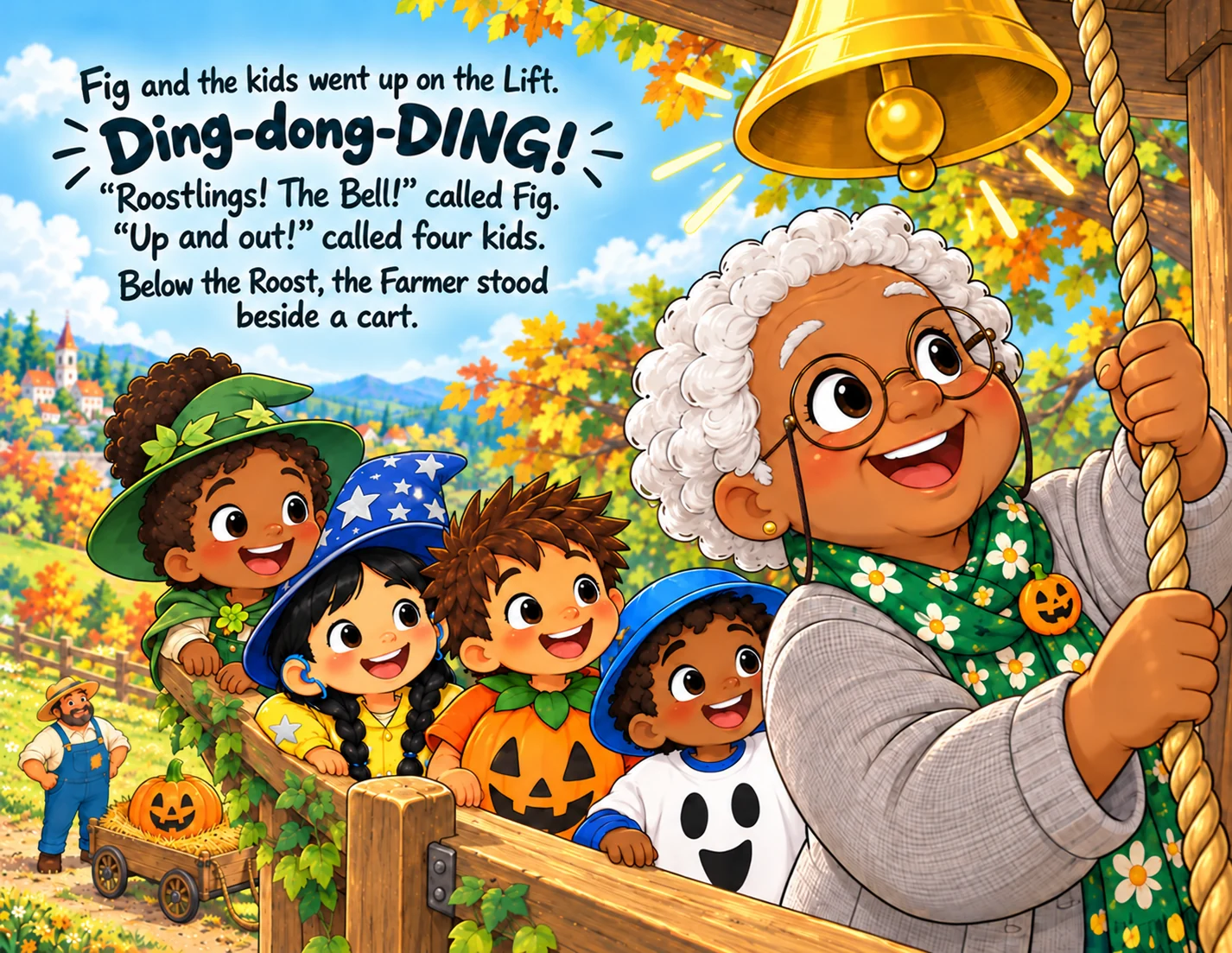 Fig and the four children's faces fill the Lift beside the Bell rope; the Farmer waits by the cart below.