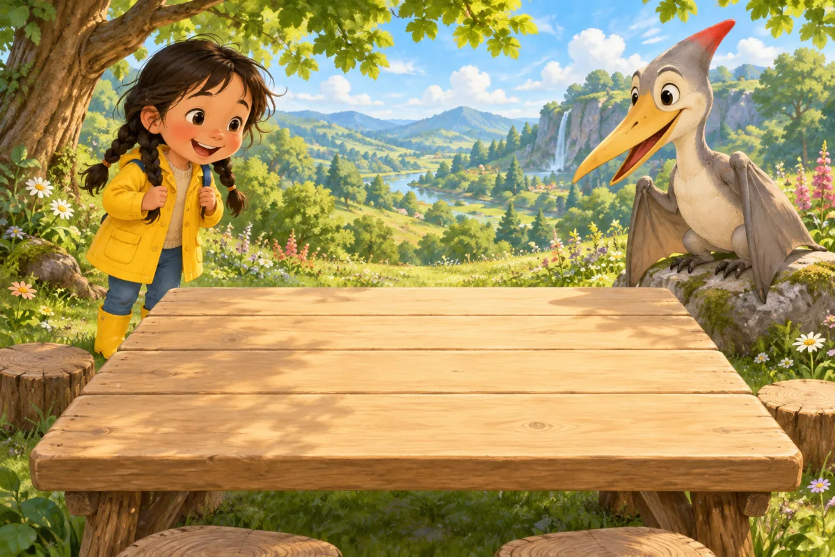 Hana and Kite at a wooden matching table in the Valley garden.
